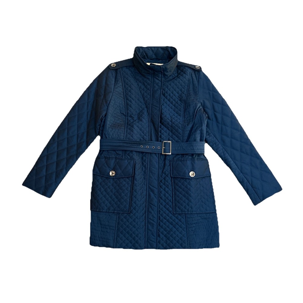Covington Quilted Belted Jacket Blue Womens Size L Lightweight Shiny Jacket Coat